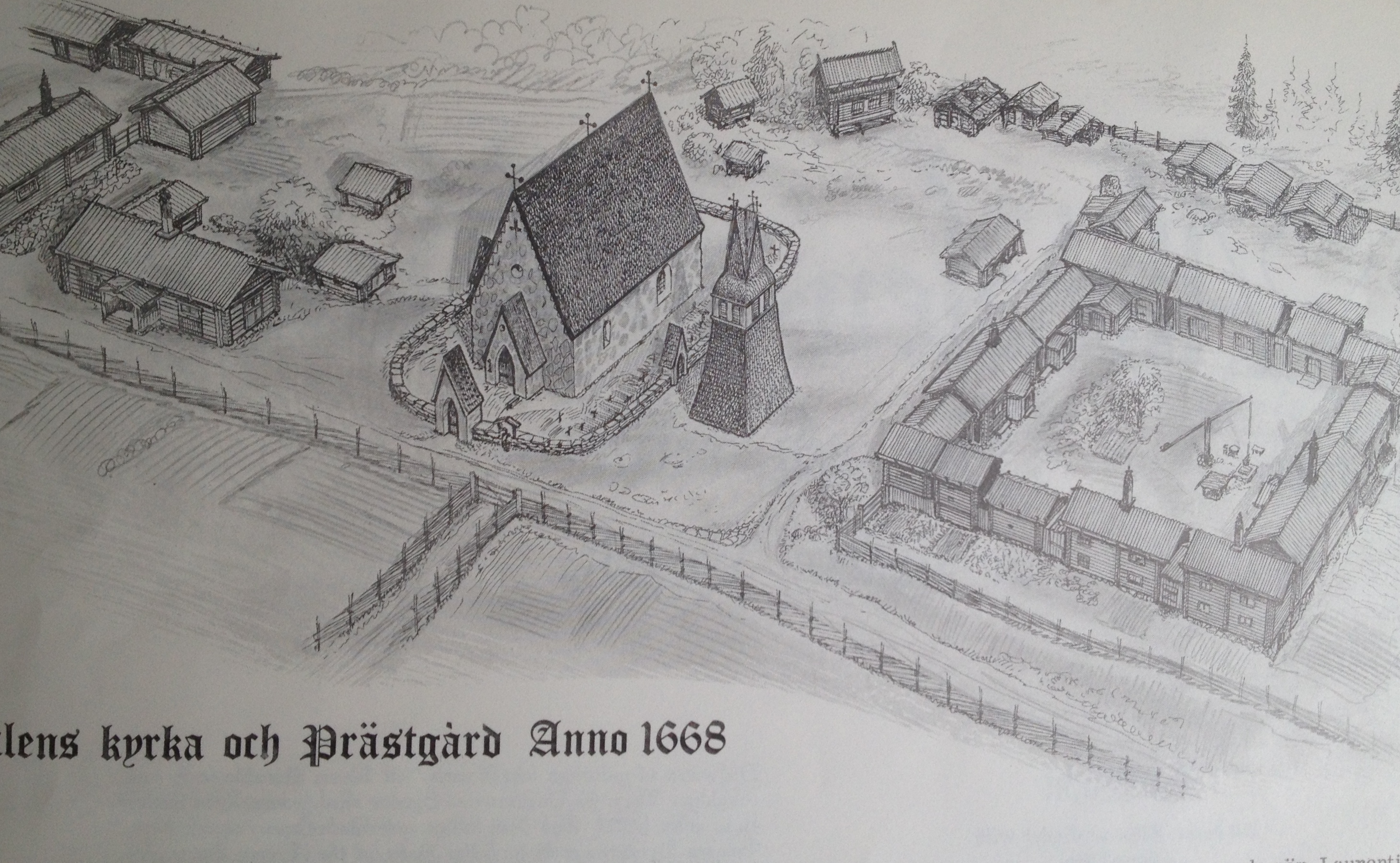 År 1574 angavs träkyrkan i Älvdalen som förfallen. "År 1578 började man att bygga den nya kyrkan, nu av sten, eftersom man fått löfte om egen präst om man byggde kyrka och prästgård och därtill lade 'så mycken åker och äng, att en kyrkoherde väl kan få sin bärgning där av...' 1586 invigdes kyrkan och församlingens första kyrkoherde Laurentius Beronius installerades. Med tiden växte prästgården till en välbyggd och präktig anläggning som var mäkta imponerande när Laurentius Petri Elvius (trollprästen) tillträdde. Den kringbyggda gården bestod av en mångfald hus, lider, stall, nattstugor, källare, snickarstuga, portlider, drängstuga, lador, foderhus, torkstugor, råglador, eldhus, vedbodar, härbren, mjölbodar, fiskebod, badstuga, smedja, eldhus osv i en omfattning som förvånar. Till prästgården fanns stora ägor såväl inom som utom socknen, jaktmarker, fiskevatten osv." Ur "Älvdalen-Blåkulla tur och retur" av Hjalmar Larsson